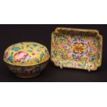 Two items of yellow ground Chinese Canton enamel comprising a circular lidded box, 3 1/4 ins diam,
