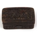 Small Chinese tortoiseshell snuff box, deeply carved with figures in garden and Palace settings, 2