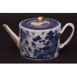 Chinese blue and white porcelain tea pot decorated with pavilion and garden scenes, height 5ins