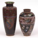 Two Japanese cloisonni enamel vases both with similar muted decoration of blade shaped panels