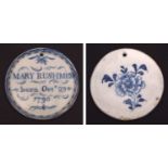 Very rare documentary Lowestoft birth tablet, circa 1796 inscribed in under-glaze blue, Mary Rushmer