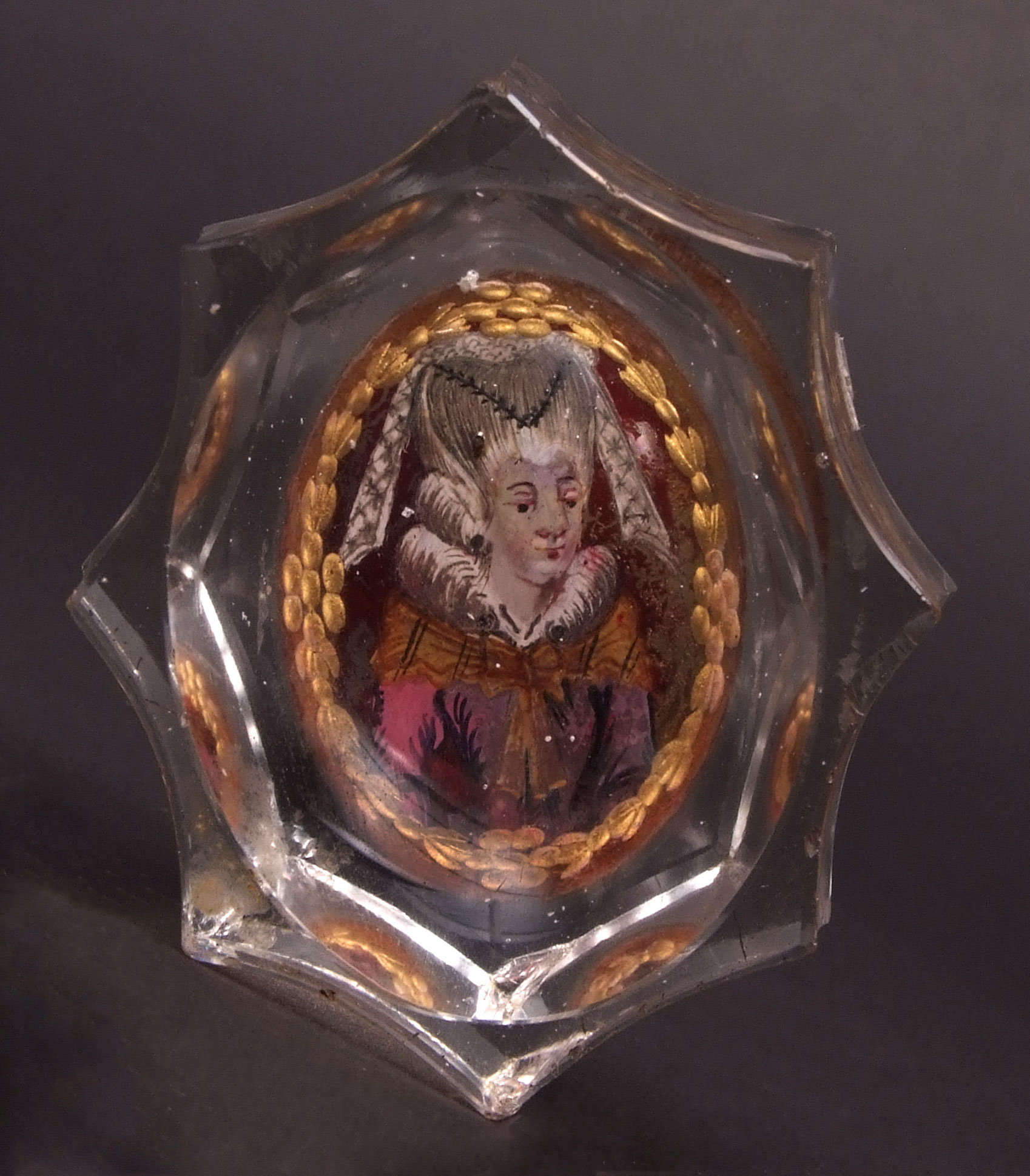 French glass salt, the centre reverse painted with a half-length portrait of a lady in period