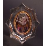French glass salt, the centre reverse painted with a half-length portrait of a lady in period
