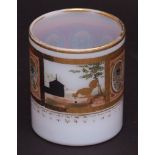 French opaline glass tumbler, gilded and painted with a panel of scenes and designs, circa early