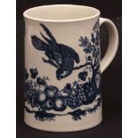 Worcester tankard circa 1770, decorated in underglaze blue with parrot pecking fruit pattern,