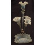 Victorian Vaseline tinted glass epergne, the central flute with crimped rim and applied prunt