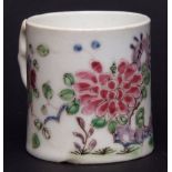 Bow coffee can, circa 1760, painted in famille rose with flowers and rock work, 2 1/2 ins high