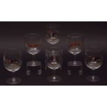 Set of six decorative 20th century large wine glasses, each painted in colours with various scenes