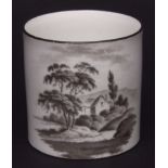 One bat-printed small mug, black banded with landscape decoration, 2 1/2 ins high