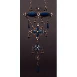 Antique white metal and enamelled pendant/necklace, a filigree scroll and bead design having blue