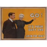 GO! ITS YOUR DUTY LAD, JOIN TO-DAY, World War I chromolithograph recruiting poster circa 1915,