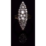 Early 20th century marquise (navette) shaped diamond cluster ring, set with thirty six old cut