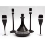Suite of modern Waterford crystal black glass ware comprising a pair of slender stemmed tall