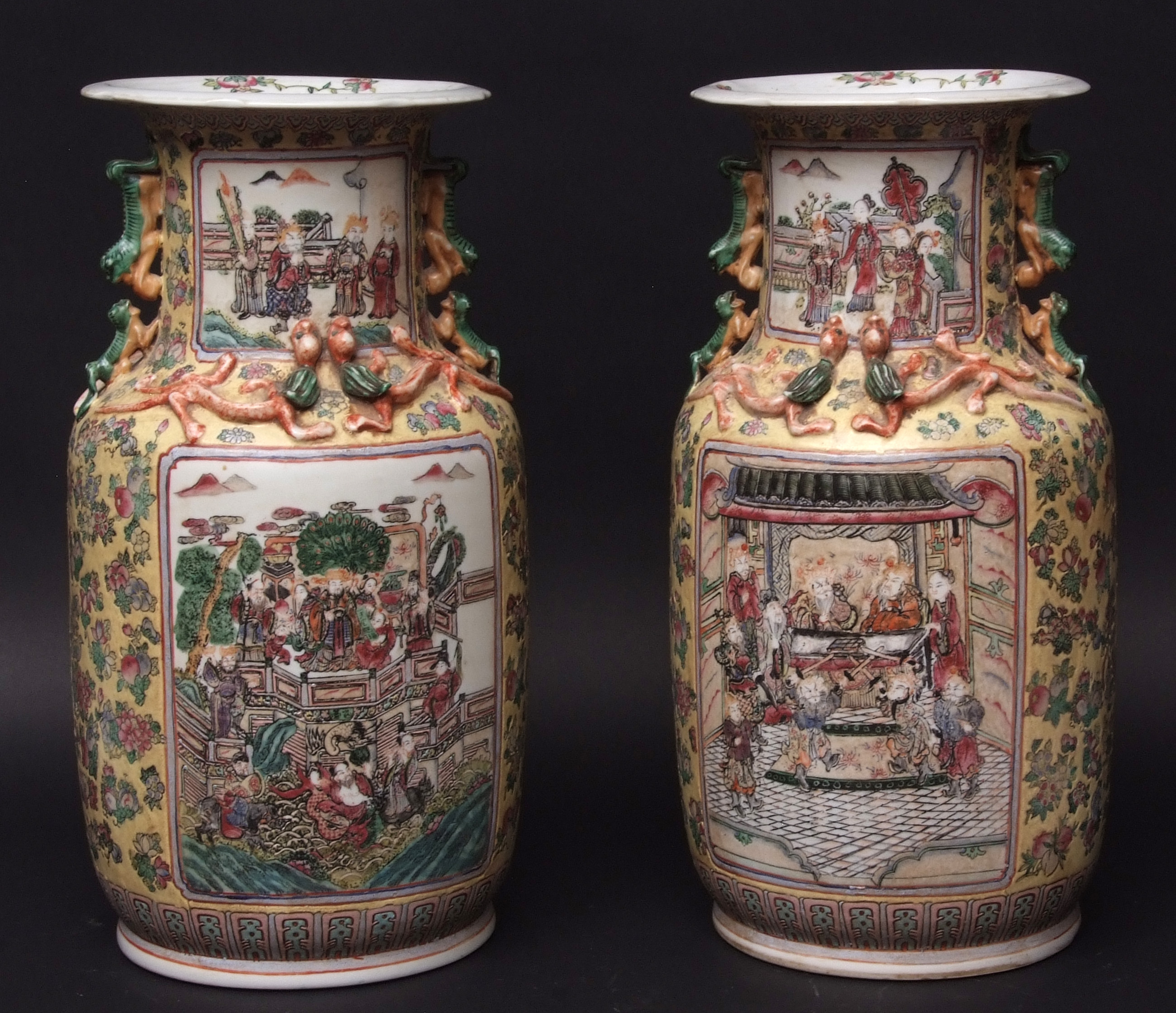 Large pair of Yellow ground Chinese porcelain Canton style vases decorated in the typical palette