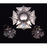 Cased Victorian Maltese Cross brooch and matching earrings, the cross 35 x 35mm, the brooch with a