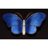 Mid-20th century Norwegian butterfly brooch by Ivar Hoth, having blue guilloche enamel wings and a