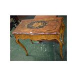19th century French walnut fold-over card table with oval marquetry panel of a floral scene to