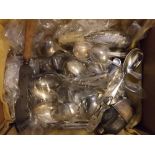 Box containing a large quantity of silver plated flatwares to include Fiddle pattern flatwares,