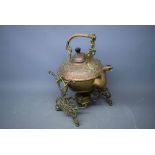 Vintage brass and copper embossed spirit kettle on stand, 13ins high
