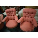 Pair of 19th century oak armchairs with puce upholstered seat and button backs, raised on cabriole