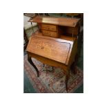 French rosewood small writing bureau with floral marquetry to drop front, top fitted with two
