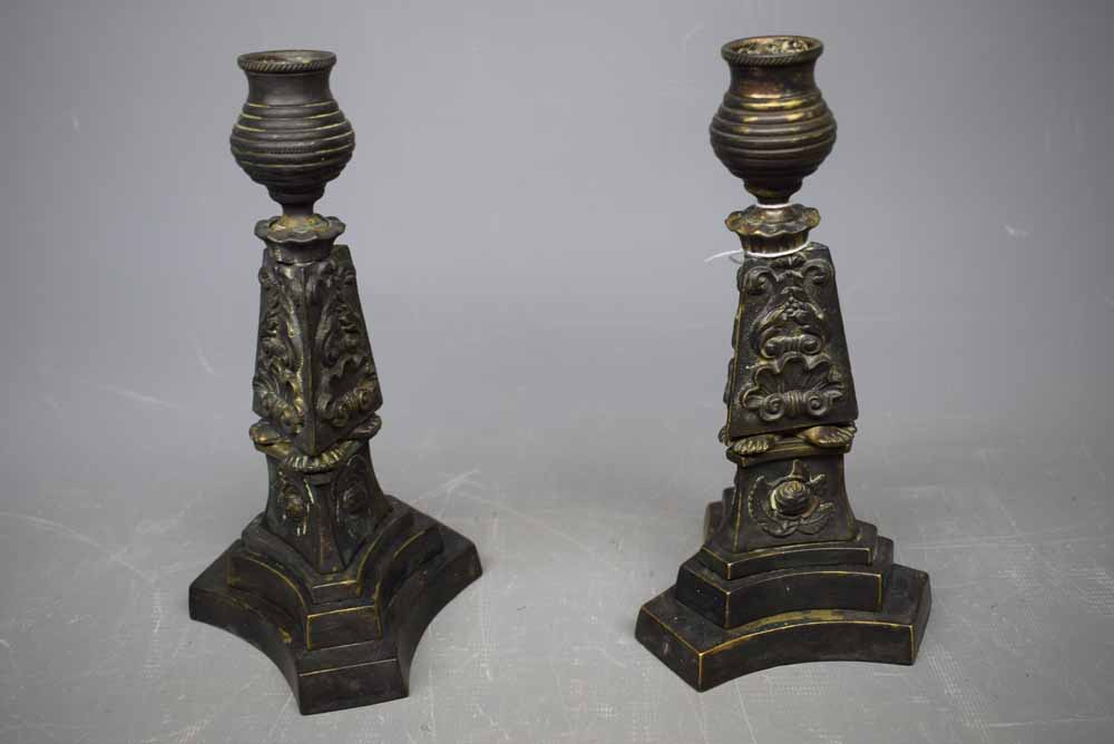 Pair of vintage bronze effect or base metal candlesticks, 7 s ins high