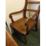 Elm hard seated mahogany framed armchair with ladder back and turned front legs, 23ins wide x