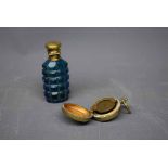 Small blue glass and silver plated mounted scent bottle and brass sovereign case