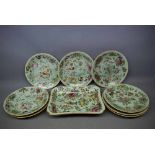 Group containing nine assorted famille rose celadon glazed plates with floral and butterfly