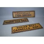 Two vintage signs inscribed 'Cannells Sugar Beet 1937' and 'Cannells Marrow Stem Kale'