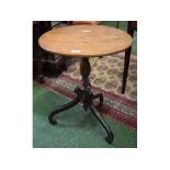 William IV oak and mahogany tripod table with reeded urn style column on a painted scrolling