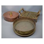 Vintage sieve, copper bed warmer and footman