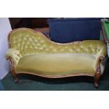 Victorian mahogany chaise longue with green Dralon upholstery, on squat cabriole legs raised on