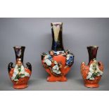 Three 20th century Korean ware fan style vases, the largest with three raised figures of young