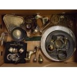 Box containing mixed silver plated wares to include a cased set of bone handled fish servers, rat-