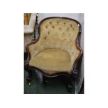 19th century mahogany armchair with yellow Dralon upholstered seat and button back, shaped sides,