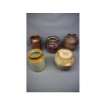 Five assorted stoneware jars of varying size, tallest 10ins