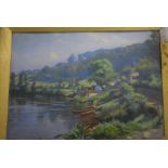 Charles E Butler, signed, oil on canvas, River scene with boats and figures, 8 1/2 x 11 1/2 ins