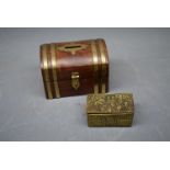 Small hardwood and brass bound coffer formed money box together with a small embossed rectangular