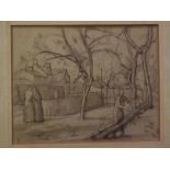 John Dodgson, signed and dated 1914, pencil and wash drawing, Figures by an orchard, 12 x 15ins