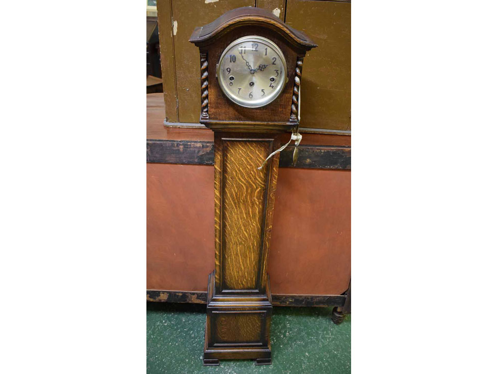 Mid-20th century oak framed grandmother clock with silvered dial and barley twist columns, 58ins