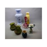 Mixed Lot: assorted glass wares to include a pair of Loetz style iridescent formed squat vases