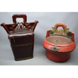 Late 20th century lacquered softwood Oriental square formed tea pot carrying case with carved