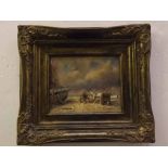 Indistinctly signed modern oil, Coastal scene with fisherfolk, horse and cart etc, 7 1/2 x 9 1/2 ins