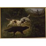 Mary E Robertson, signed oil on canvas, Three hunting dogs in a landscape, 20 x 29ins