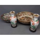 20th century famille rose bowl together with a pair of Japanese vases with lily decoration (