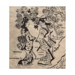 Japanese framed sumi silk print of two courtesans in a garden attributed verso to Hishigawa Moronabu