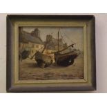 Auguste Denis-Brunaud, signed oil on board, Moored fishing boats, 14 x 17ins