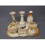Good quality blush Czechoslovakian design dressing table set with a printed peacock design, to