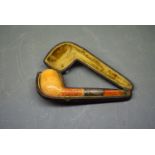 Leather cased vintage Meerschaum pipe with amber mouthpiece and white metal mount